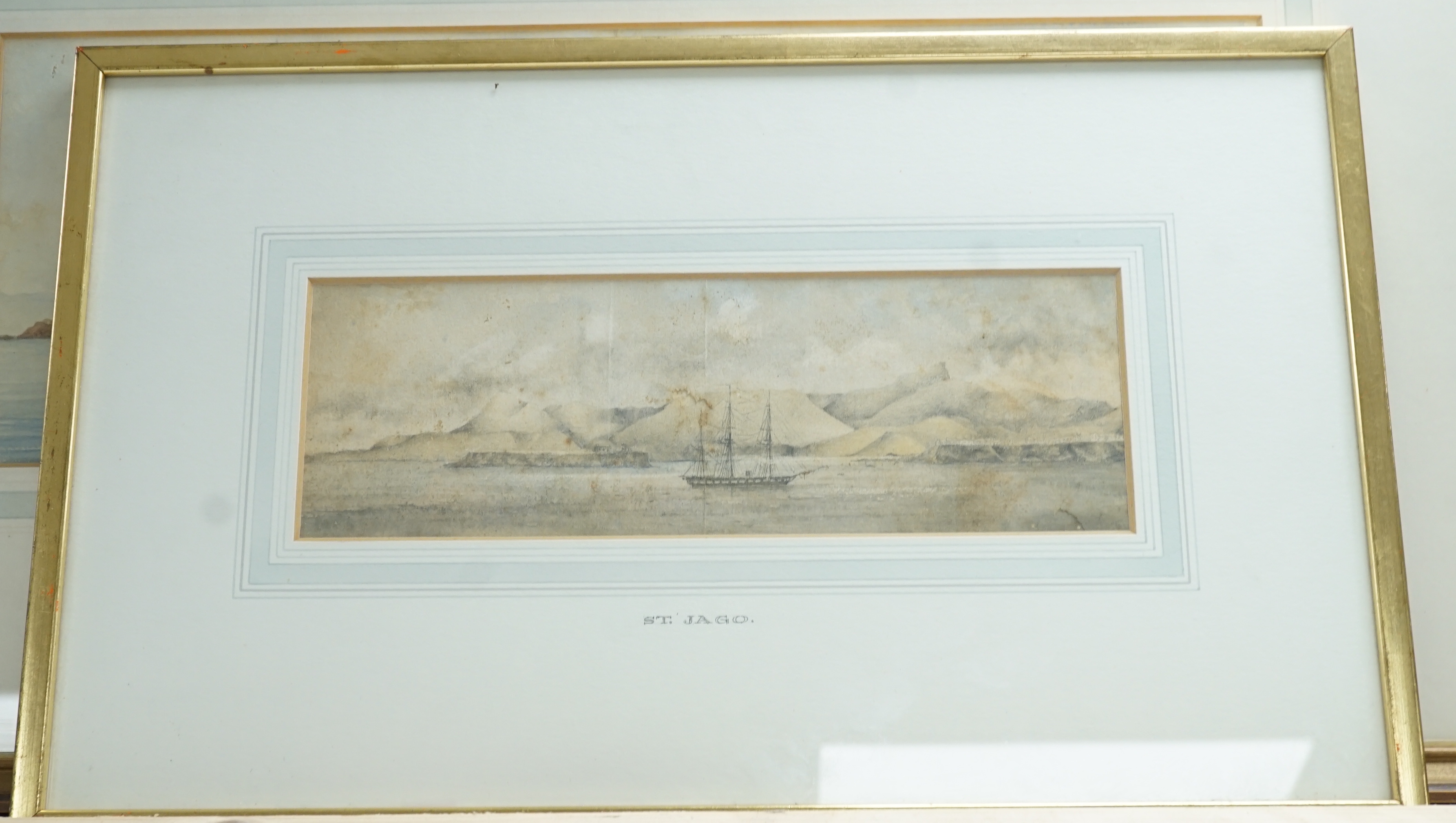 19th century English School, two watercolours, 'View of shipping moored at Pantelleria, March 27 1872' and 'St Jago', probably the work of a Naval officer, 15 x 43cm and 9 x 26cm